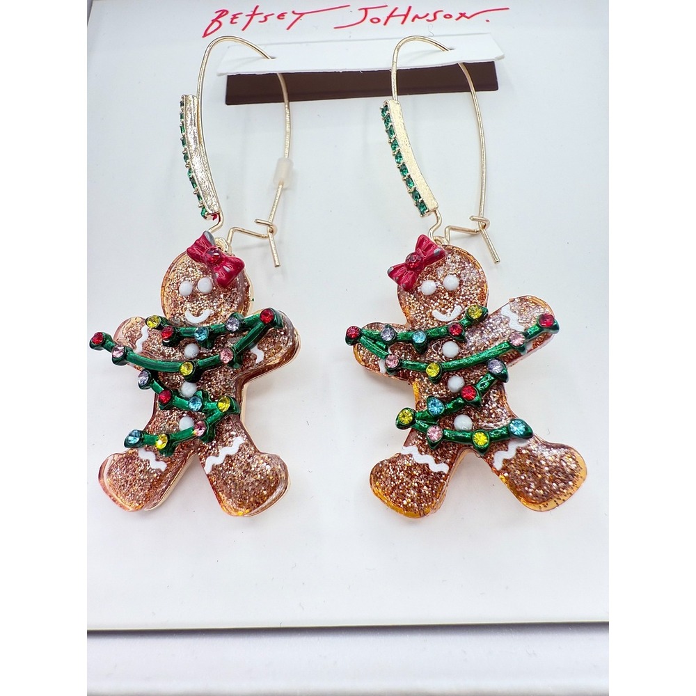 Betsey Johnson Christmas Gingerbread Girl Dangle Earrings Holiday Crystal NIB